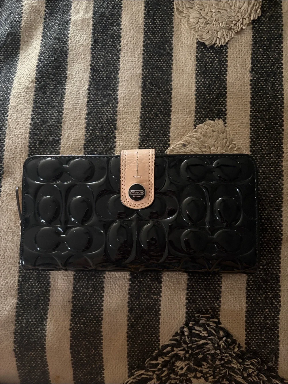 Coach Black Patent Leather Wallet with Tan Snap Tab